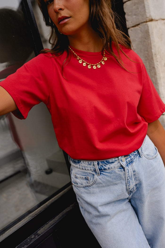 Red short-sleeve cotton tee, full front view