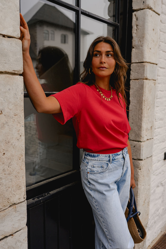 Vivid red cotton t-shirt, three quarter view
