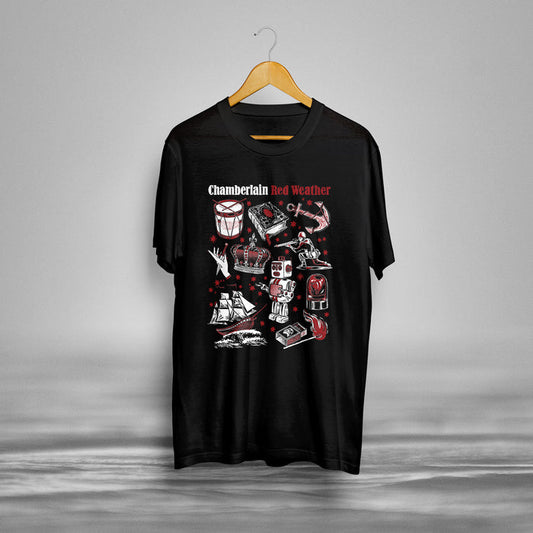 Black Chamberlain T-shirt on a hanger featuring illustrations of a drum, ship, heart, anchors, and skeleton. Chamberlain Red Weather is printed at the top in white and red letters.