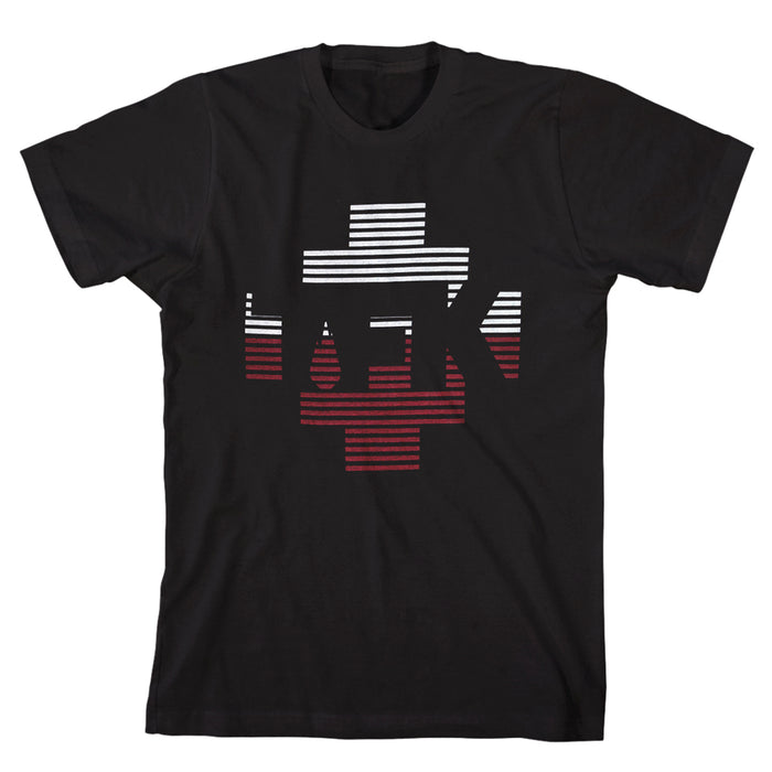 Thousand Foot Krutch black t-shirt with a bold cross design in white and red horizontal lines, featuring the word “LAZY” reversed and integrated into the cross.