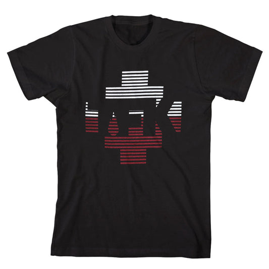 Thousand Foot Krutch black t-shirt with a bold cross design in white and red horizontal lines, featuring the word “LAZY” reversed and integrated into the cross.