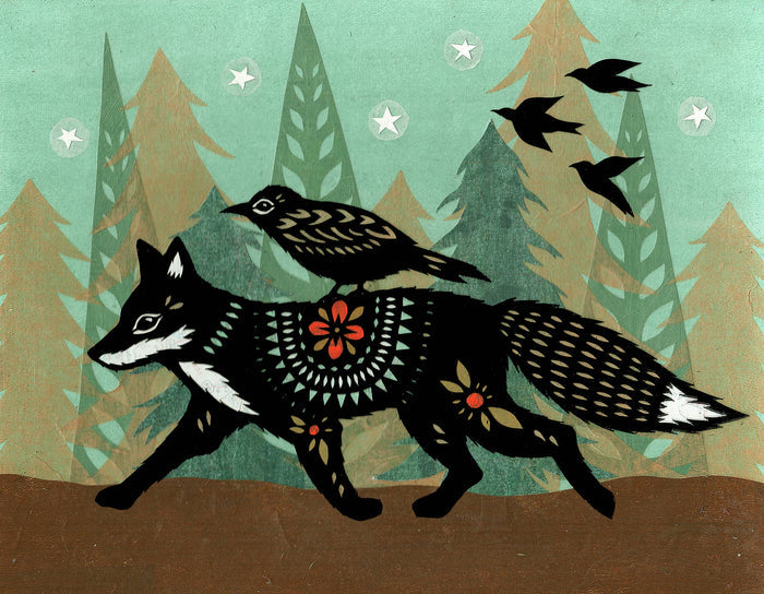 Cut paper style illustration of a large black wolf with decorative markings in a forest of stylized green and brown trees.