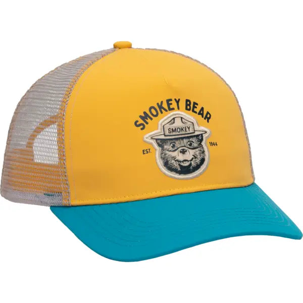 Retro Smokey Bear trucker hat with yellow front panel teal brim and beige mesh back
