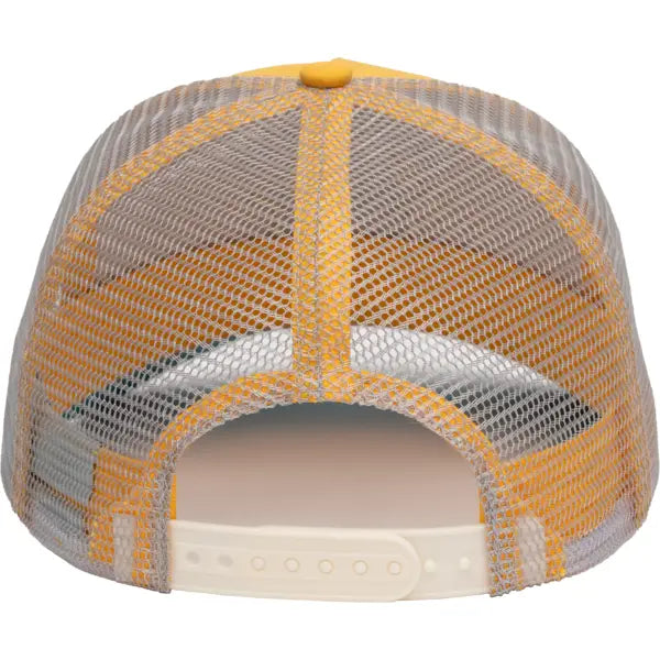 Back view of a retro Smokey Bear trucker hat with yellow and gray mesh and an adjustable snap closure.