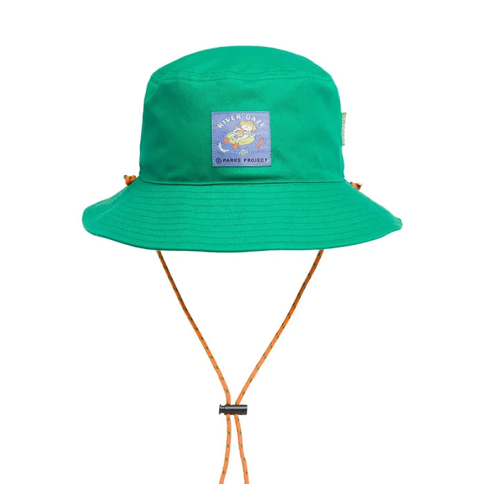 Vibrant green River Daze bucket hat featuring a stitched square patch on the front and orange adjustable drawstrings