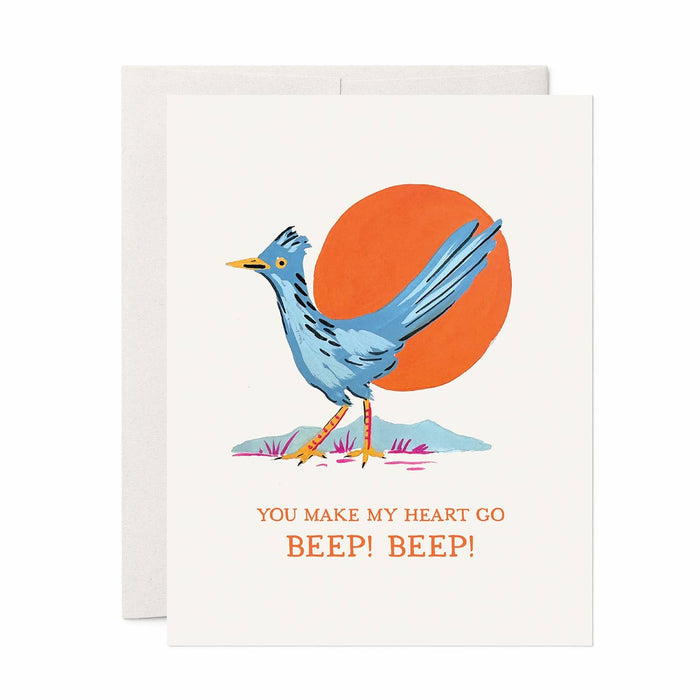 Blue roadrunner greeting card with an orange sun behind and Beep Beep text