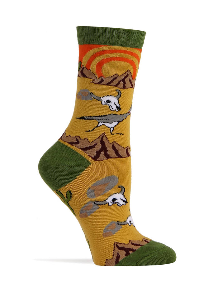 Desert landscape Roadrunner women's sock with mountains and cacti and a roadrunner on a golden yellow backdrop