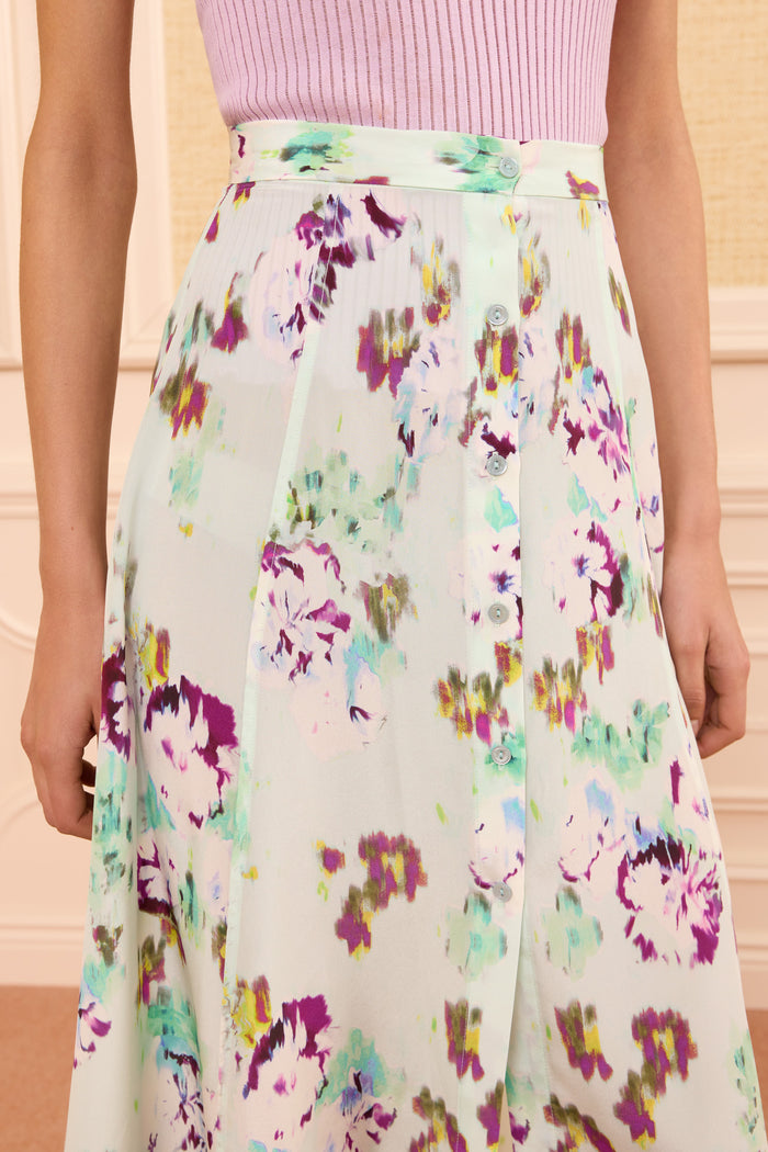 Oasis Silk Midi Skirt Ikat Floral Print & Button Detail Close-Up | Ulla Johnson