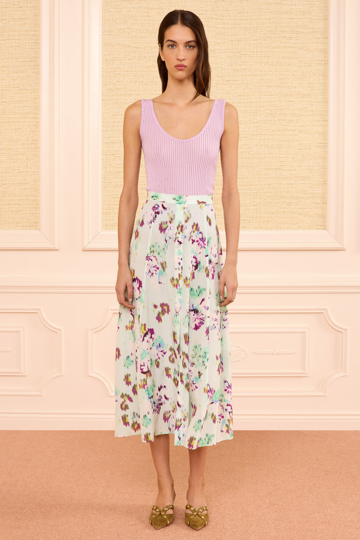 Oasis Ikat Floral Silk Midi Skirt - On Model Front View, Full Length | Ulla Johnson