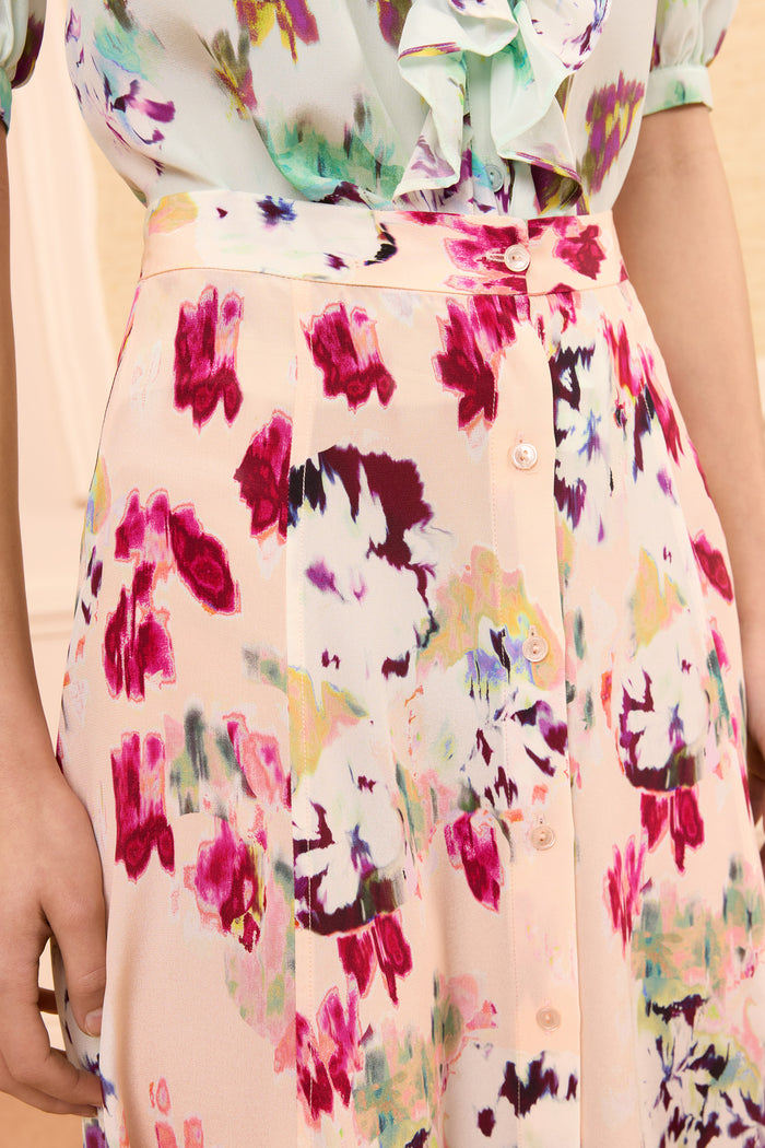 Rowan Silk Midi Skirt Summer Garden - Ikat Floral Print & Button Detail Close-Up | Ulla Johnson