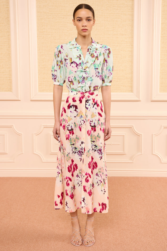 Blush Ikat Floral Luxury Silk Midi Skirt - On Model Front View, High-Rise Waist | Ulla Johnson