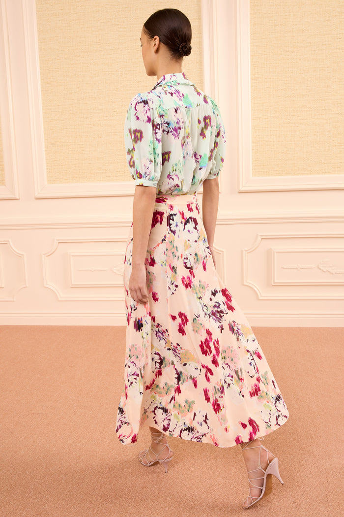 Blush Ikat Floral Designer Silk Midi Skirt - Back View, Cascading A-Line Hem | Ulla Johnson