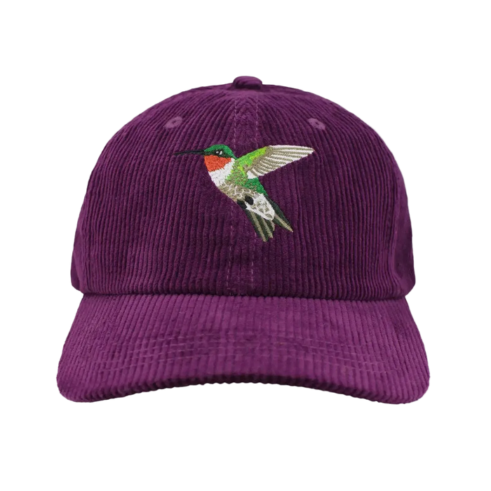 Purple corduroy hat with an embroidered ruby-throated hummingbird on the front
