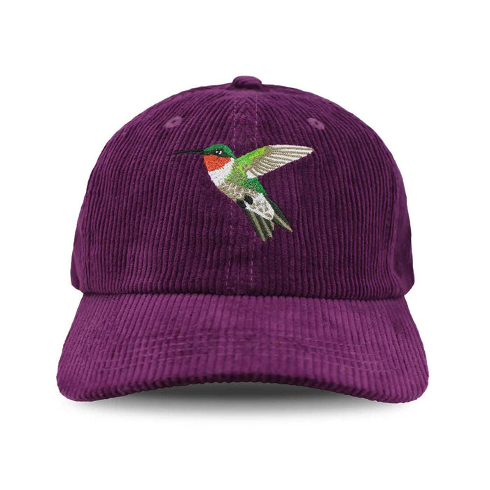 Purple corduroy hat with an embroidered ruby-throated hummingbird on the front.