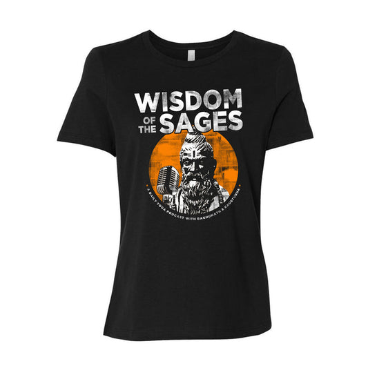 A black Wisdom Of The Sages T-shirt with Wisdom of the Sages text above a bearded sage with a topknot and microphone, set against an orange circular background.