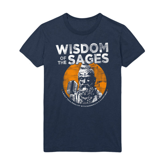 Navy blue Wisdom Of The Sages t-shirt featuring Wisdom of the Sages above a bearded figure with a mic and orange circle. Below: A Yoga Philosophy Podcast with Raghunath & Kaustubha.