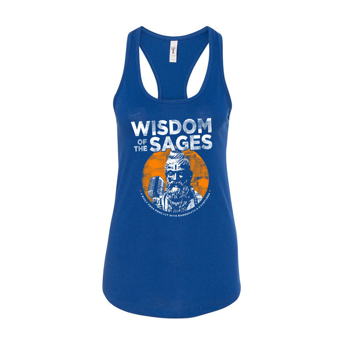 Wisdom Of The Sages blue racerback tank top with a graphic of a bearded sage holding a microphone and “Wisdom of the Sages” in white text over an orange circle.