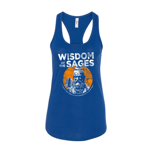Wisdom Of The Sages blue racerback tank top with a graphic of a bearded sage holding a microphone and “Wisdom of the Sages” in white text over an orange circle.