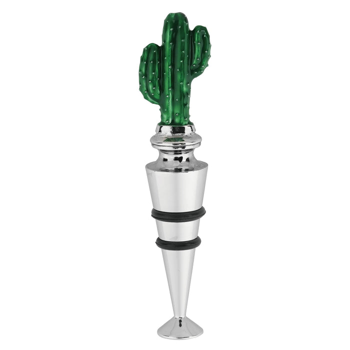 Saguaro cactus wine bottle stopper painted in green with silver collar