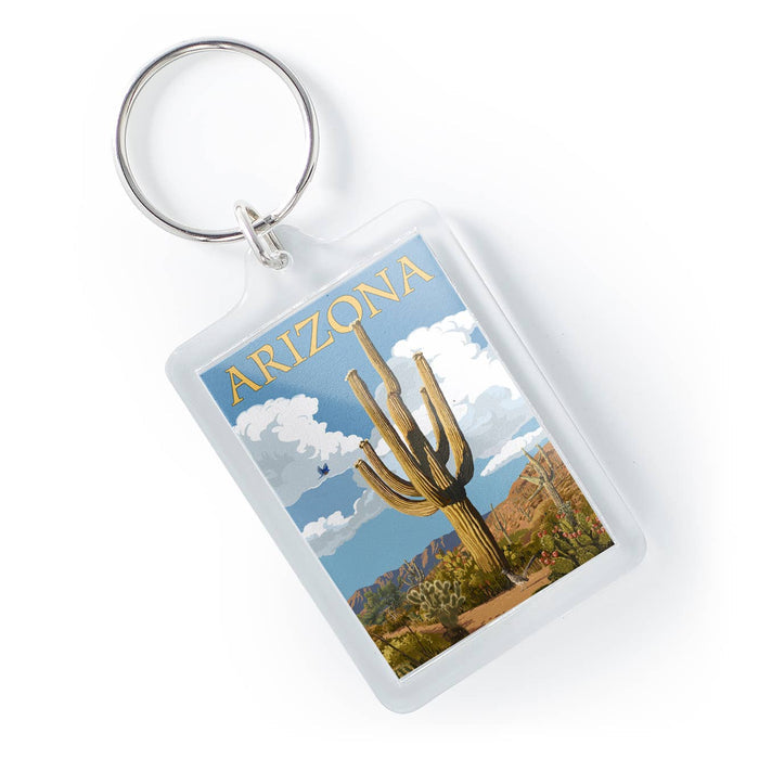 Arizona themed keychain with a saguaro cactus and roadrunner in a clear plastic case