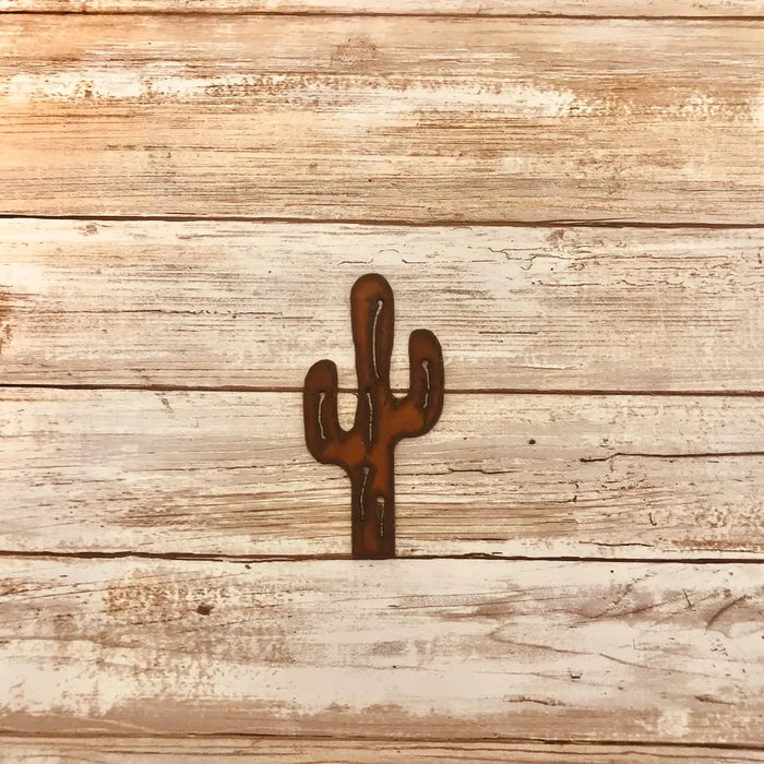 Rusty saguaro cactus magnet on weathered wooden planks