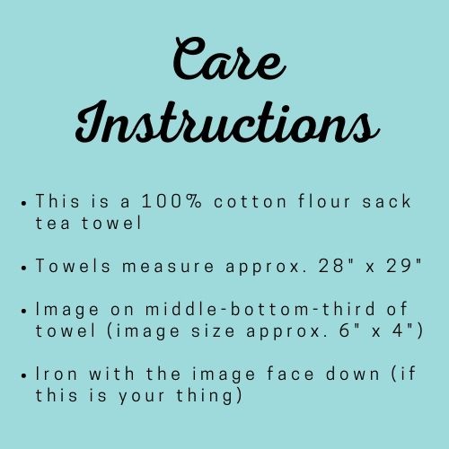 Care instructions for the Saguaro Tea Towel on a turquoise background