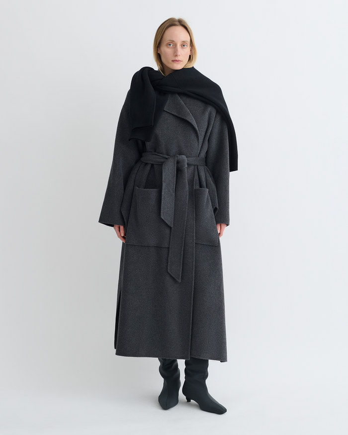 Salima - Double Wool Robe Coat - Grey Melange