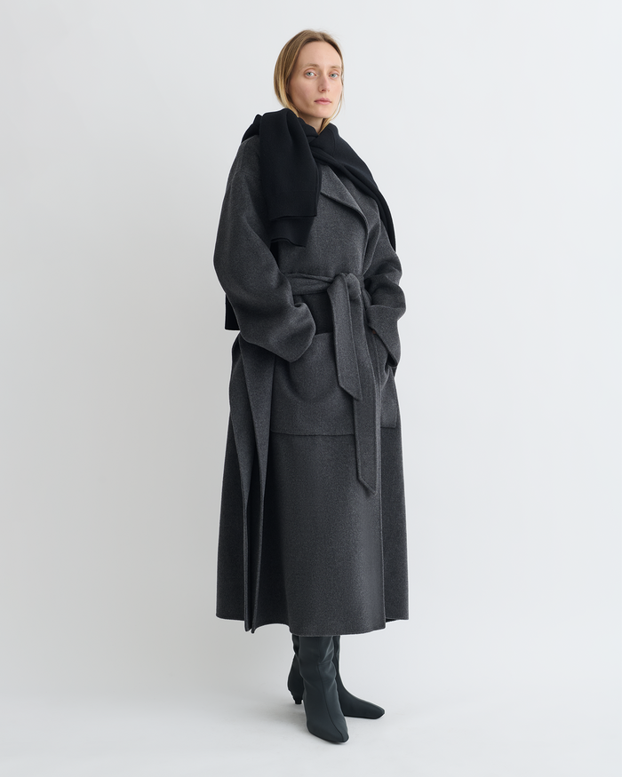 Salima - Double Wool Robe Coat - Grey Melange