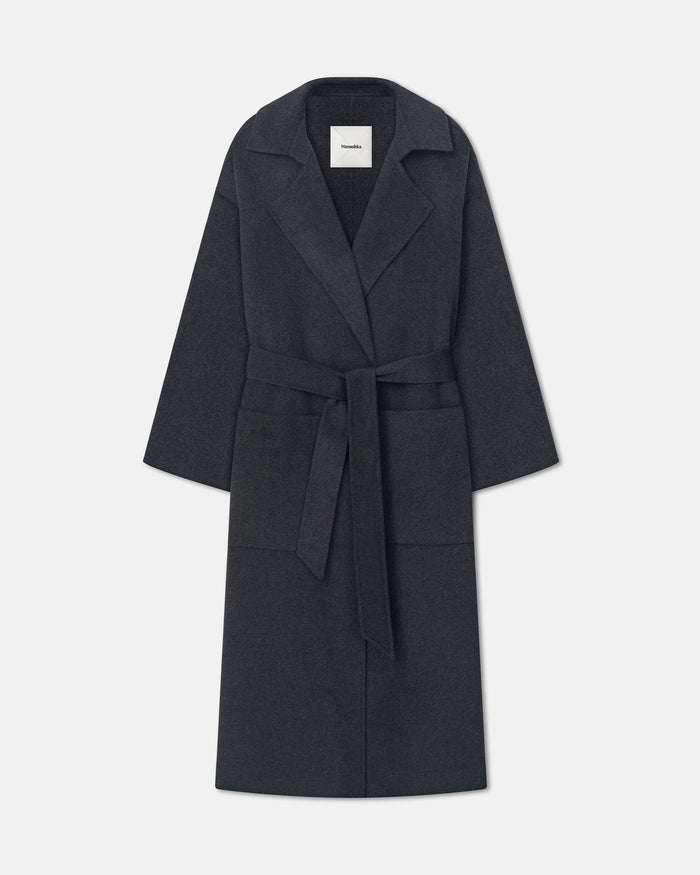 Salima - Double Wool Robe Coat - Grey Melange