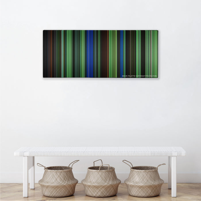 Saw III color palette canvas above a white bench with three woven baskets