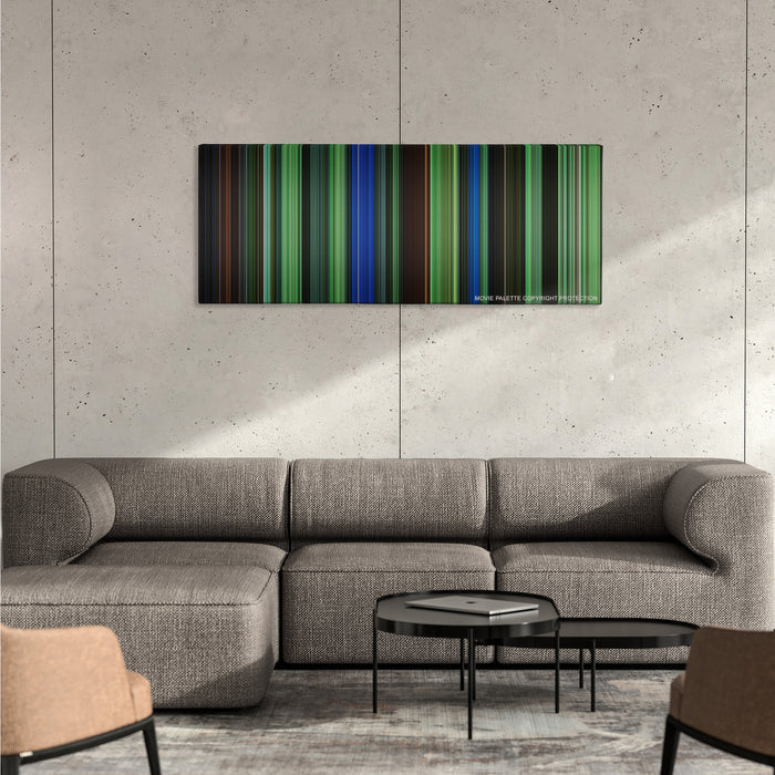Saw III color palette canvas on a concrete wall above a gray sectional sofa