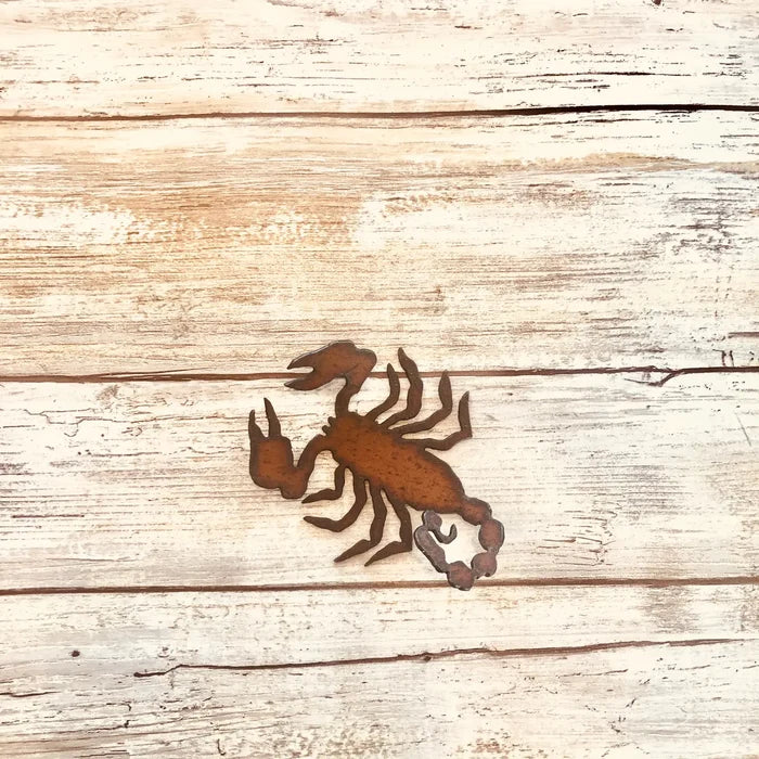 Rusty scorpion magnet on weathered wood background