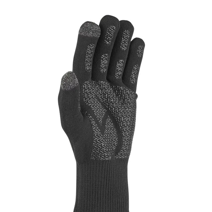 Sealskinz Waterproof All Weather Ultra Grip Knitted Gloves close-up of the palm and fingers on the left hand showing the sticky silicon print and touchscreen compatible thumb and fingertip