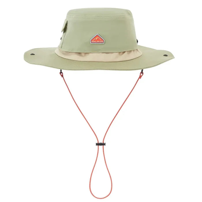 Front view of Sealskinz Bramerton waterproof Boonie hat in green colour showing the adjustable lanyard