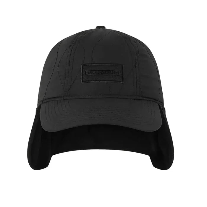 Front view of Diss waterproof insulated cap in black colour showing the stiff peak and dropped ear guards