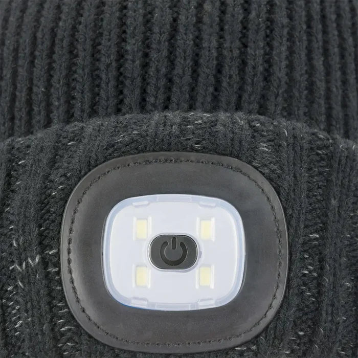 Close up image of teh LED light on the cuff of Sealskinz Heydon knitted waterproof beanie hat