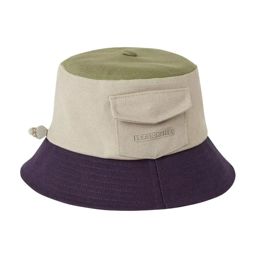 Front view of Sealskinz Lynford waterproof canvas bucket hat in green cream navy colour