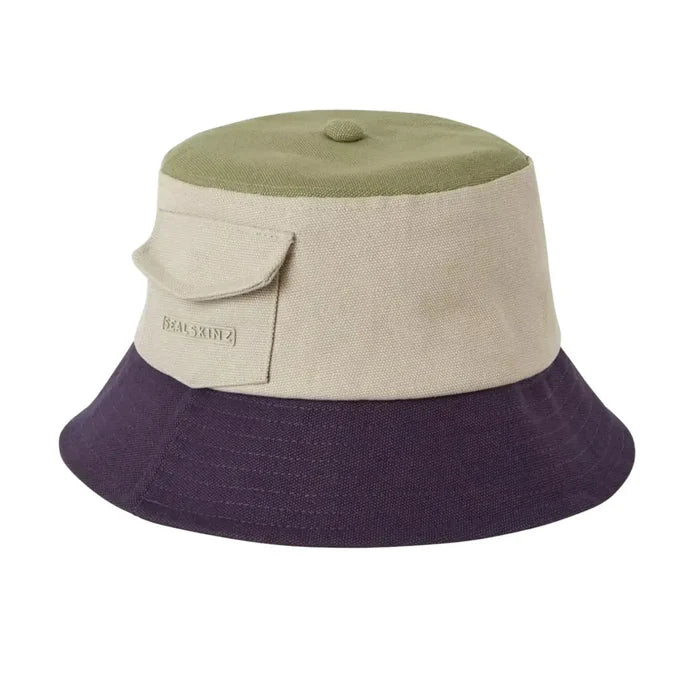 Side view of Sealskinz Lynford waterproof canvas bucket hat in green cream navy colour highlighting the storage pocket and wide brim