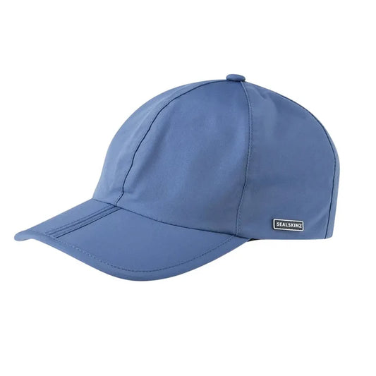 Side View of Sealskinz Salle waterproof lightweight foldable peak Cap in blue colour
