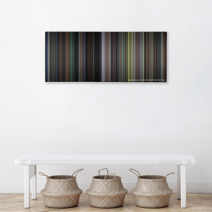 Secret Window color palette canvas above a white bench with three woven baskets