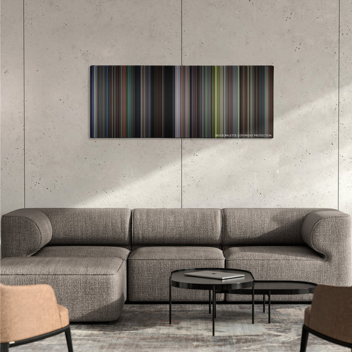 Secret Window color palette canvas on a concrete wall above a gray sectional sofa