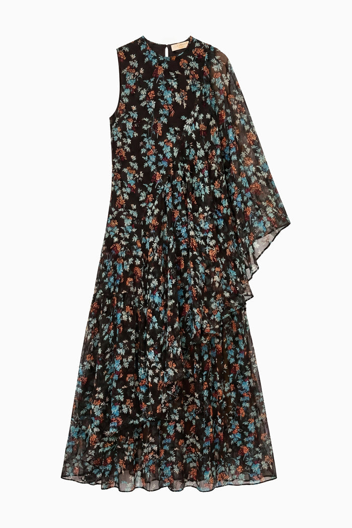 Nightshade Luxury Silk Asymmetrical Dress - Flat Lay with Cascading Cape Panel | Ulla Johnson