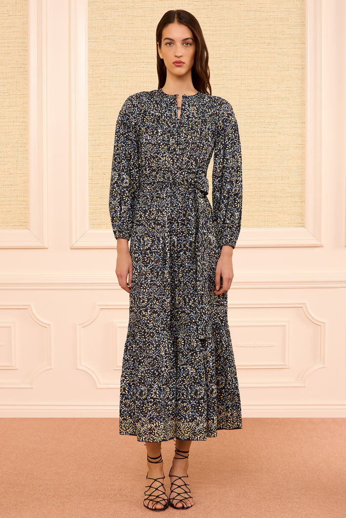 Midnight Bloom Long Sleeve Cotton Midi Dress - Front, Belted, Full Length | Ulla Johnson