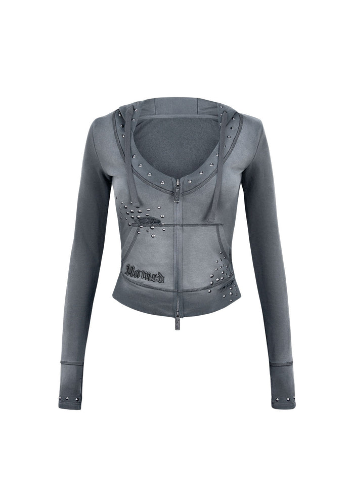 SHADOW STUDDED FITTED HOODIE WASHED GREY