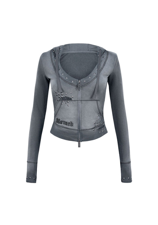 SHADOW STUDDED FITTED HOODIE WASHED GREY