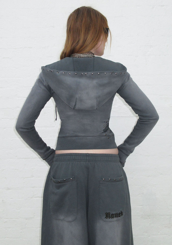 SHADOW STUDDED FITTED HOODIE WASHED GREY