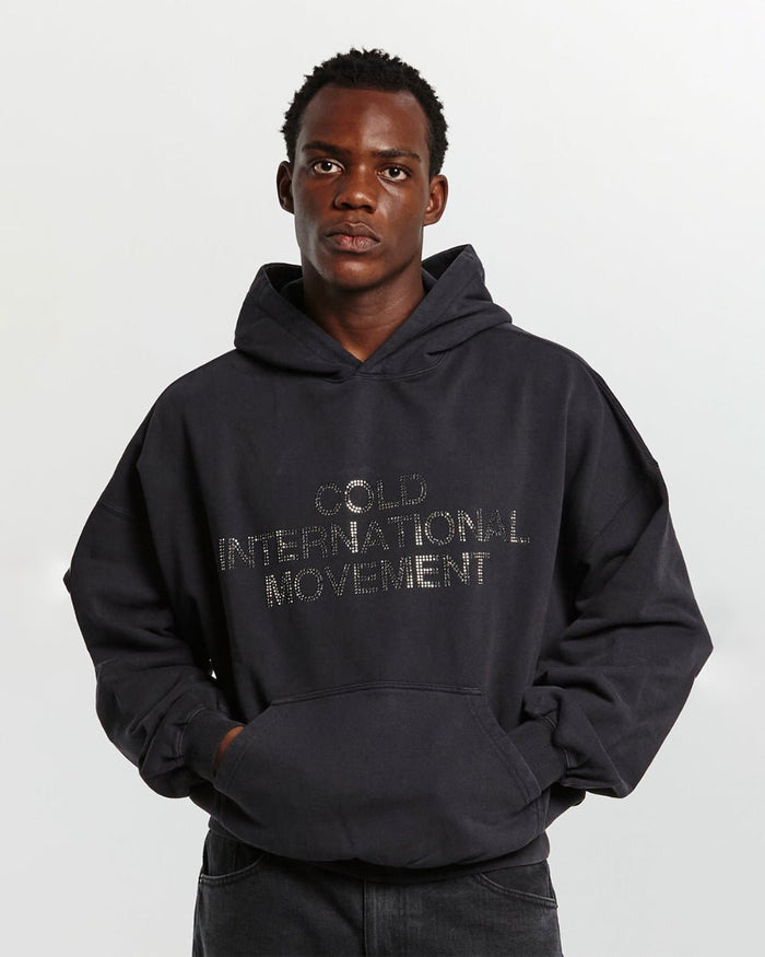 SHINY COLD HOODIE BLACK - washed black oversized hoodie, front view on male model - Cold Culture #man