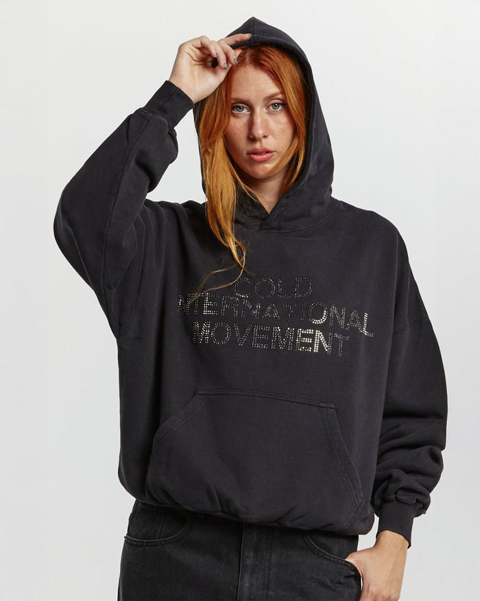 SHINY COLD HOODIE BLACK - washed black oversized hoodie, front view on female model - Cold Culture #woman