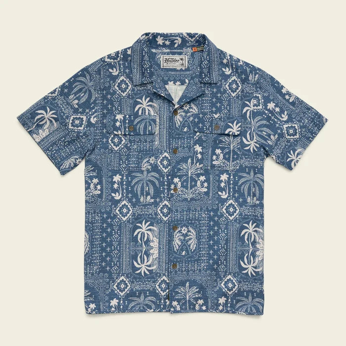 Shores Club Shirt Palmetto Prophesy Storm Blue with white palm tree print on blue fabric