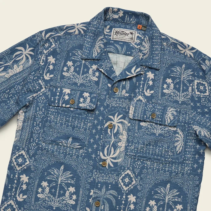 Close up of Shores Club Shirt collar in Palmetto Prophesy Storm Blue with tropical print